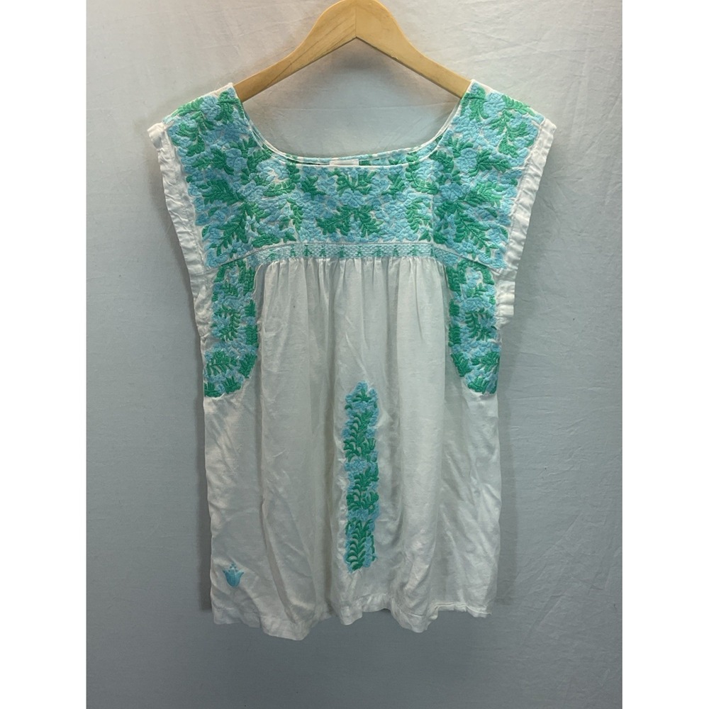 J Marie Green Blue‎ Embroidered Floral Top Sleeveless Size M Cotton Boho